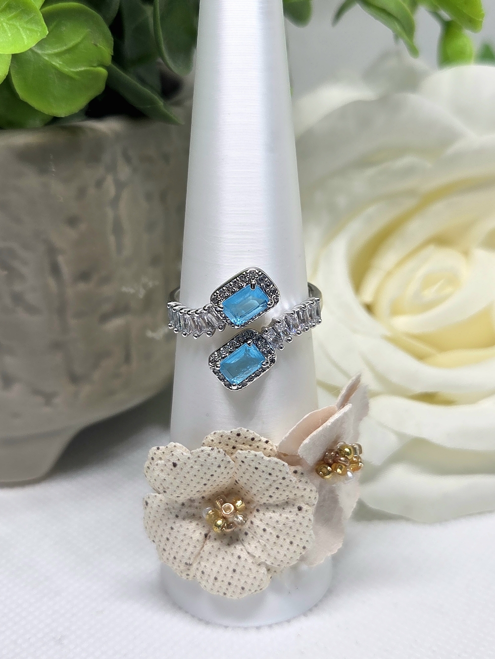 BP Blue Topaz CZ Surrounded By Crystal Accents On Rhodium Plating